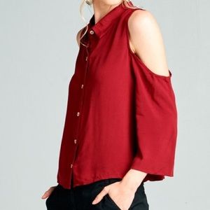 Red Cold Shoulder Button Up Top